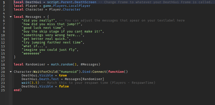 Screenshot of a death screen local script